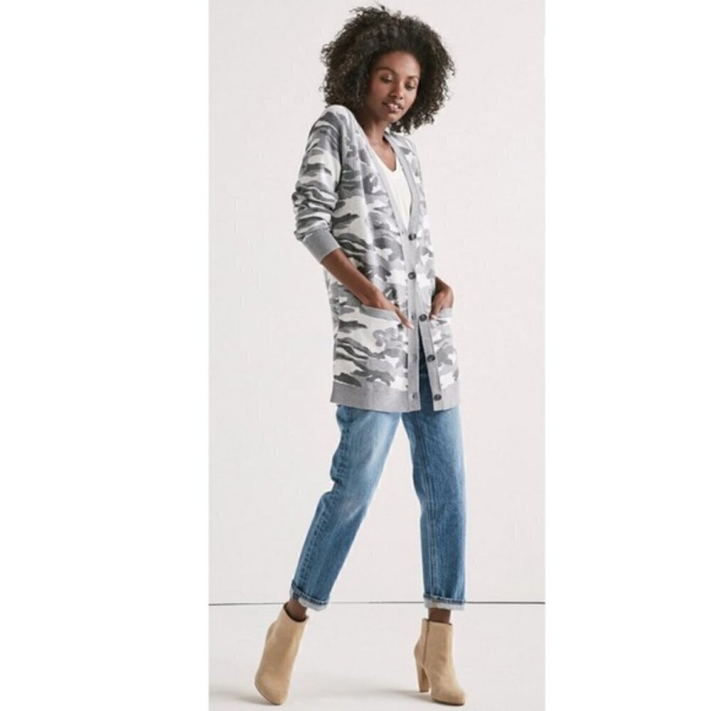 Lucky Brand Gray & White Camo Button Front Cardigan Sweater M